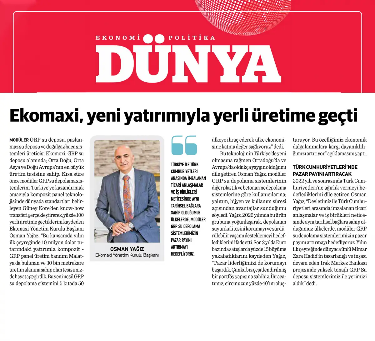 Yön. Krl. Bşk. Osman Yağız'ın Dünya Gazetesi'nde Yayınlanan Röportajı